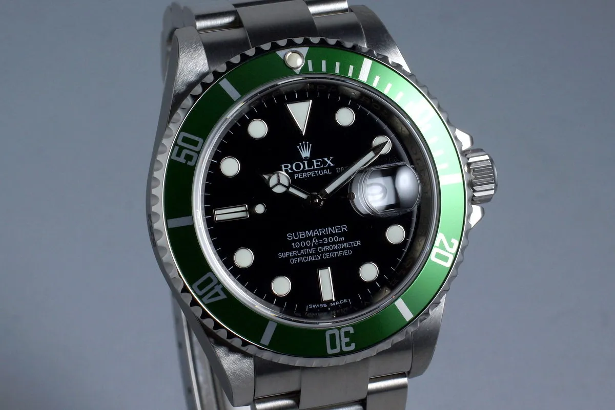 2009 Rolex Green Submariner 16610LV with Box and Papers MINT