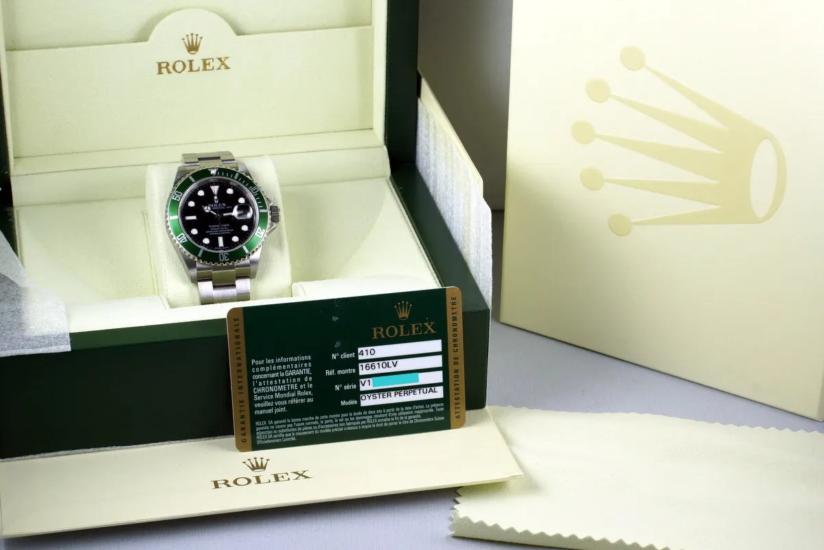 2009 Rolex Green Submariner 16610LV with Box and Papers MINT