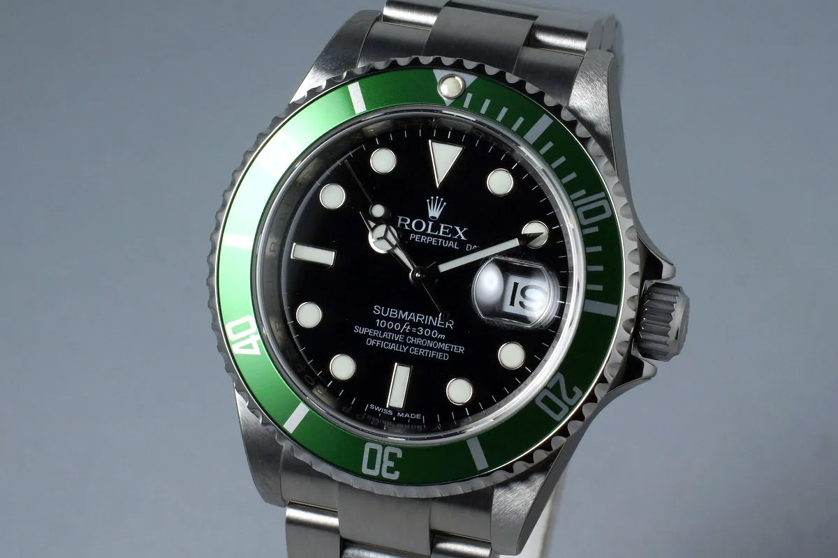 2009 Rolex Green Submariner 16610LV with Box and Papers MINT