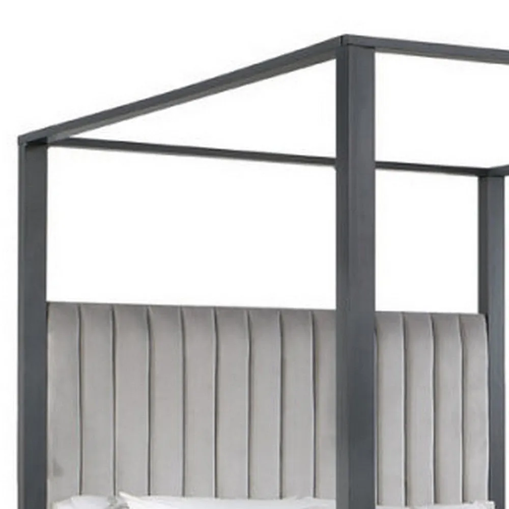 Abby Queen Canopy Bed, Mirrored Trim, Gray Velvet Channel Tufted Upholstery By Casagear Home