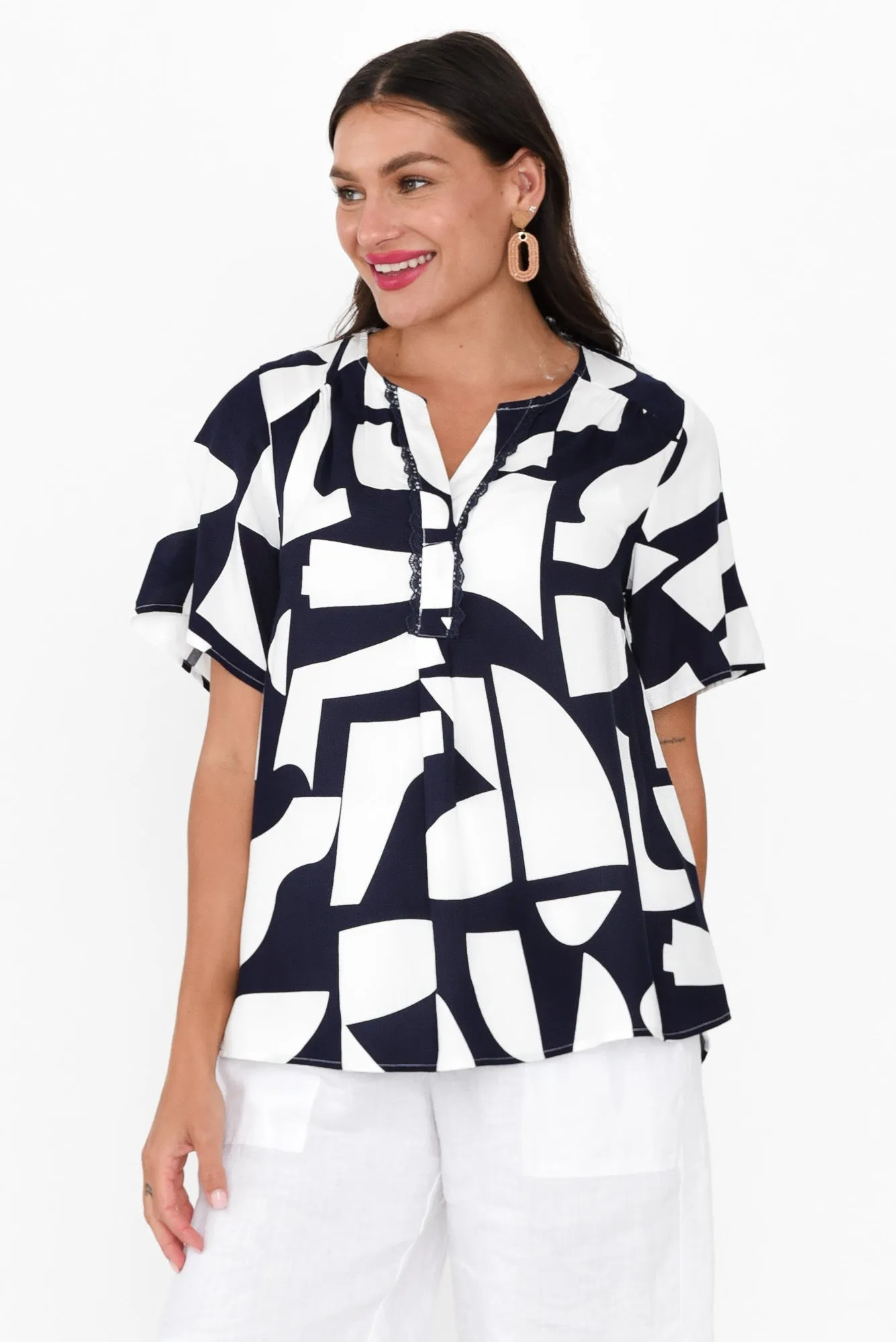 Adrina Navy Abstract Top