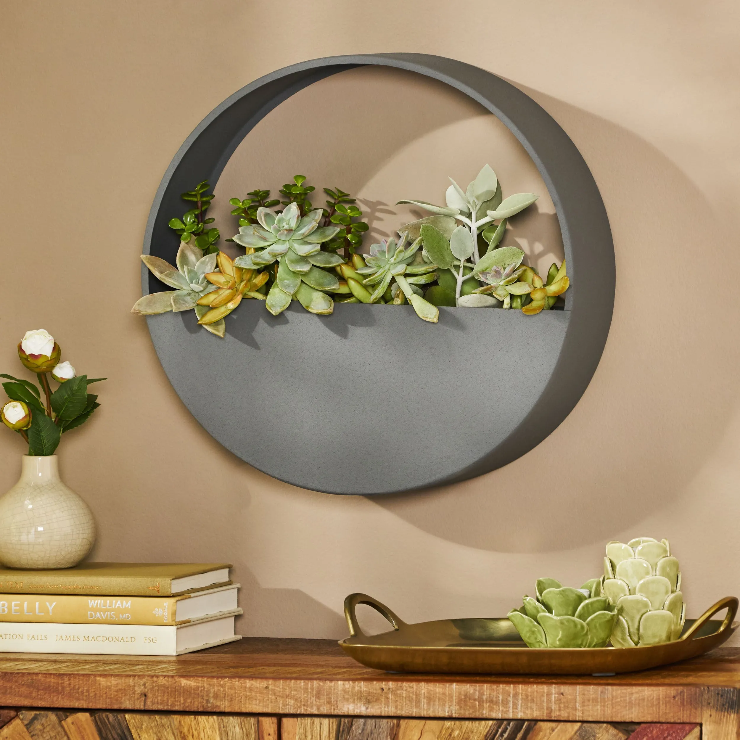 Beall Ware Modern Handcrafted Round Wall Planter, Gray