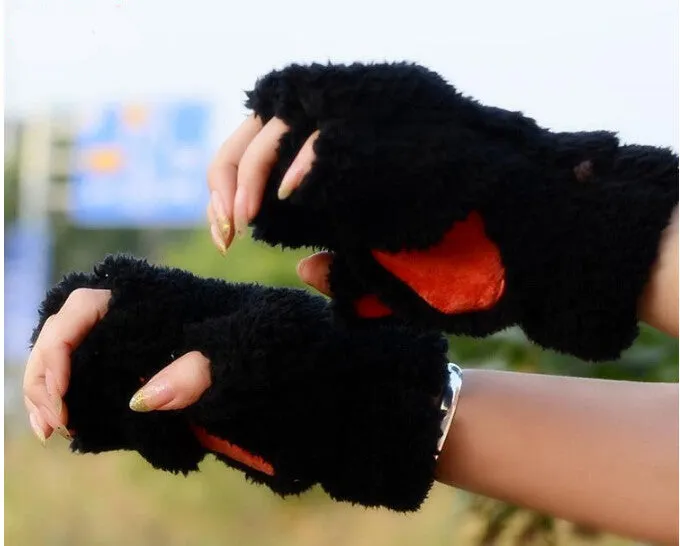 Bear Claw Fingerless Winter Gloves - Fluffy Bear Paw Mittens - Unisex