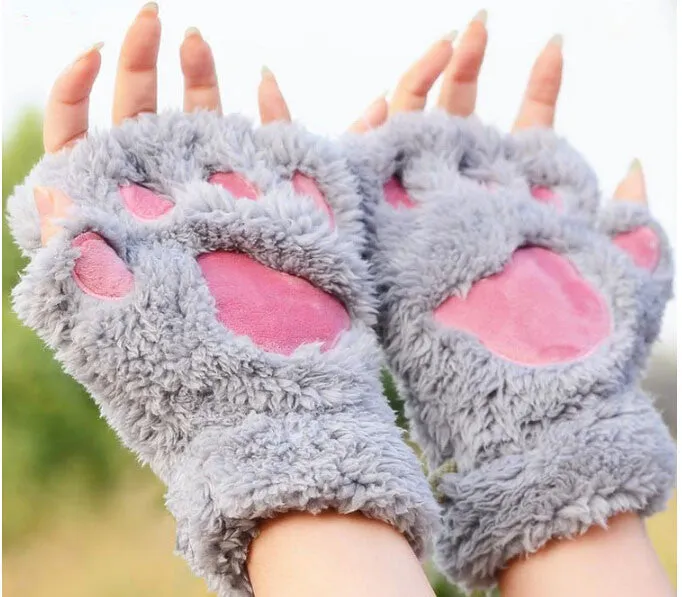 Bear Claw Fingerless Winter Gloves - Fluffy Bear Paw Mittens - Unisex