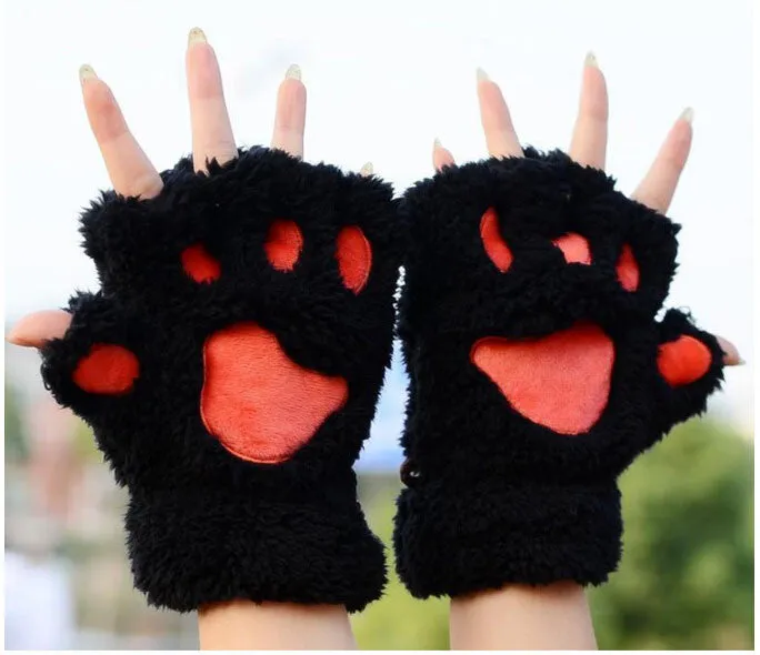 Bear Claw Fingerless Winter Gloves - Fluffy Bear Paw Mittens - Unisex