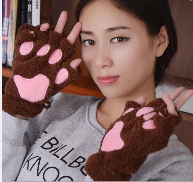 Bear Claw Fingerless Winter Gloves - Fluffy Bear Paw Mittens - Unisex