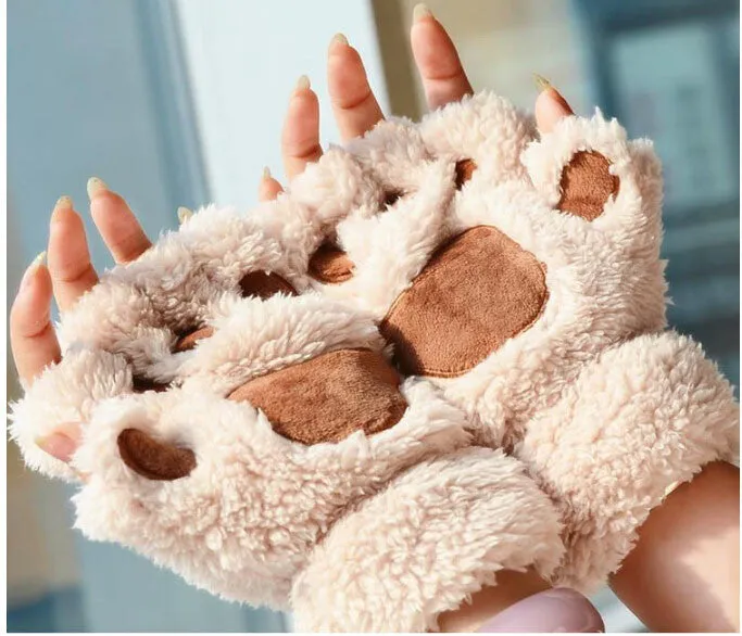 Bear Claw Fingerless Winter Gloves - Fluffy Bear Paw Mittens - Unisex