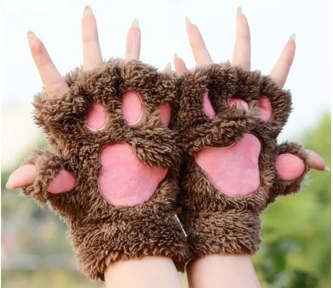 Bear Claw Fingerless Winter Gloves - Fluffy Bear Paw Mittens - Unisex