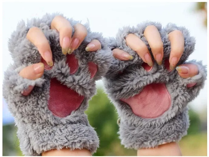 Bear Claw Fingerless Winter Gloves - Fluffy Bear Paw Mittens - Unisex