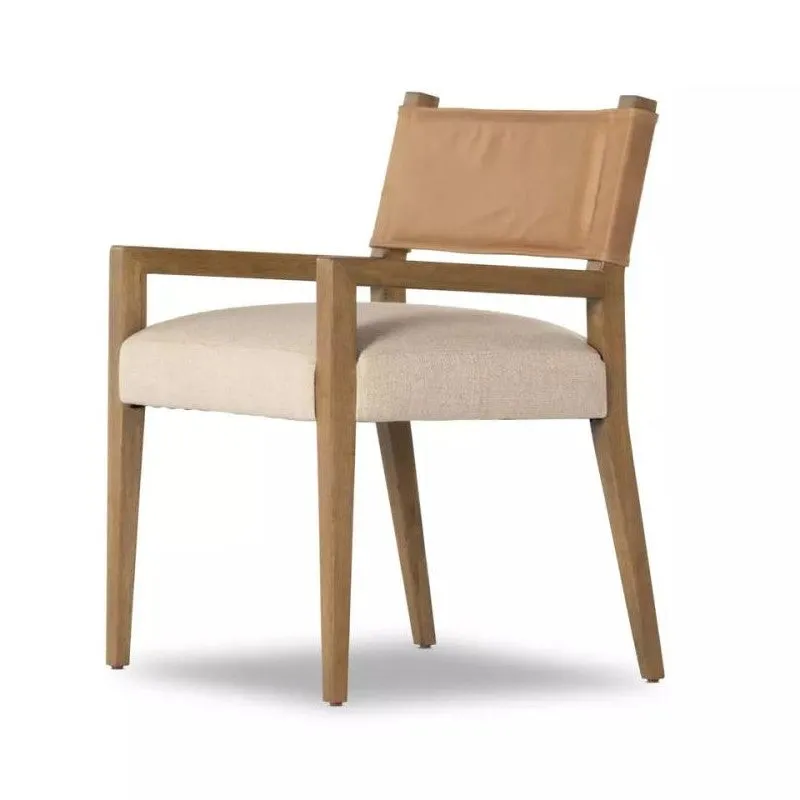 Beige Leather Back Dining Chair Armchair Cream Performance Fabric Seat Cushion