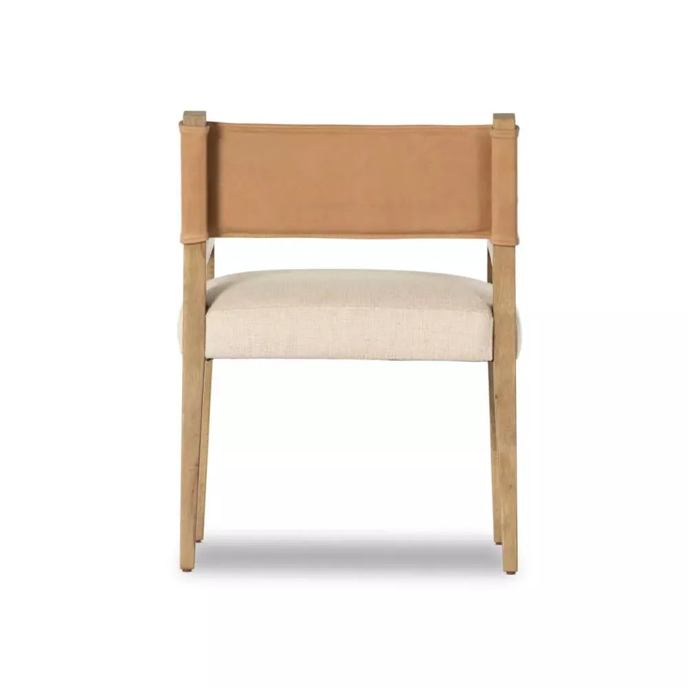 Beige Leather Back Dining Chair Armchair Cream Performance Fabric Seat Cushion