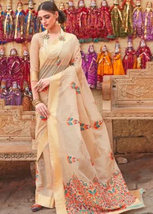 Beige Linen Silk Saree with Colorful Weaving work