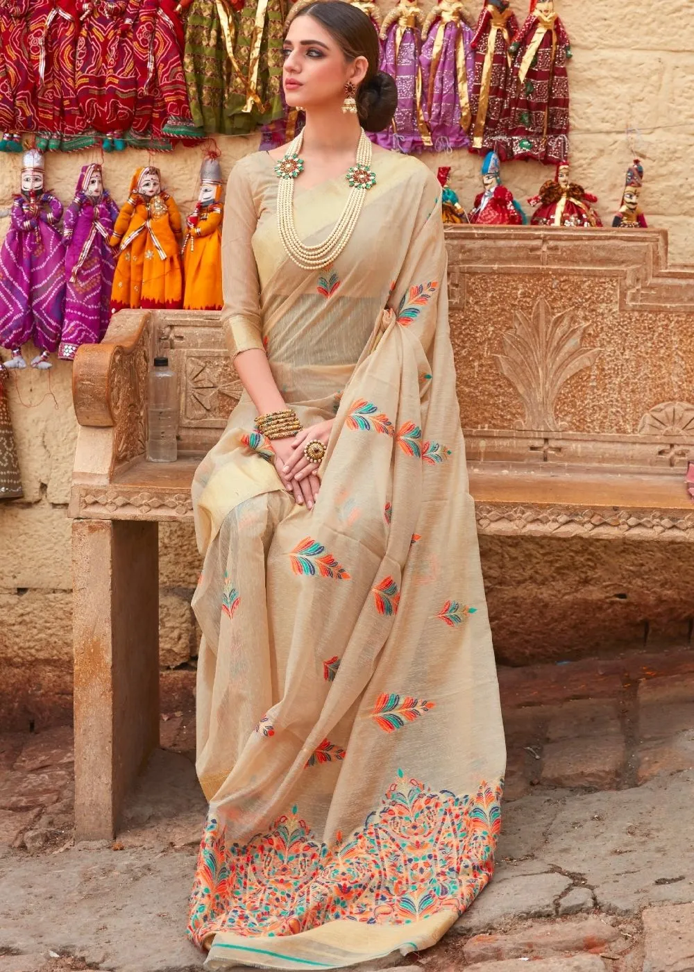 Beige Linen Silk Saree with Colorful Weaving work