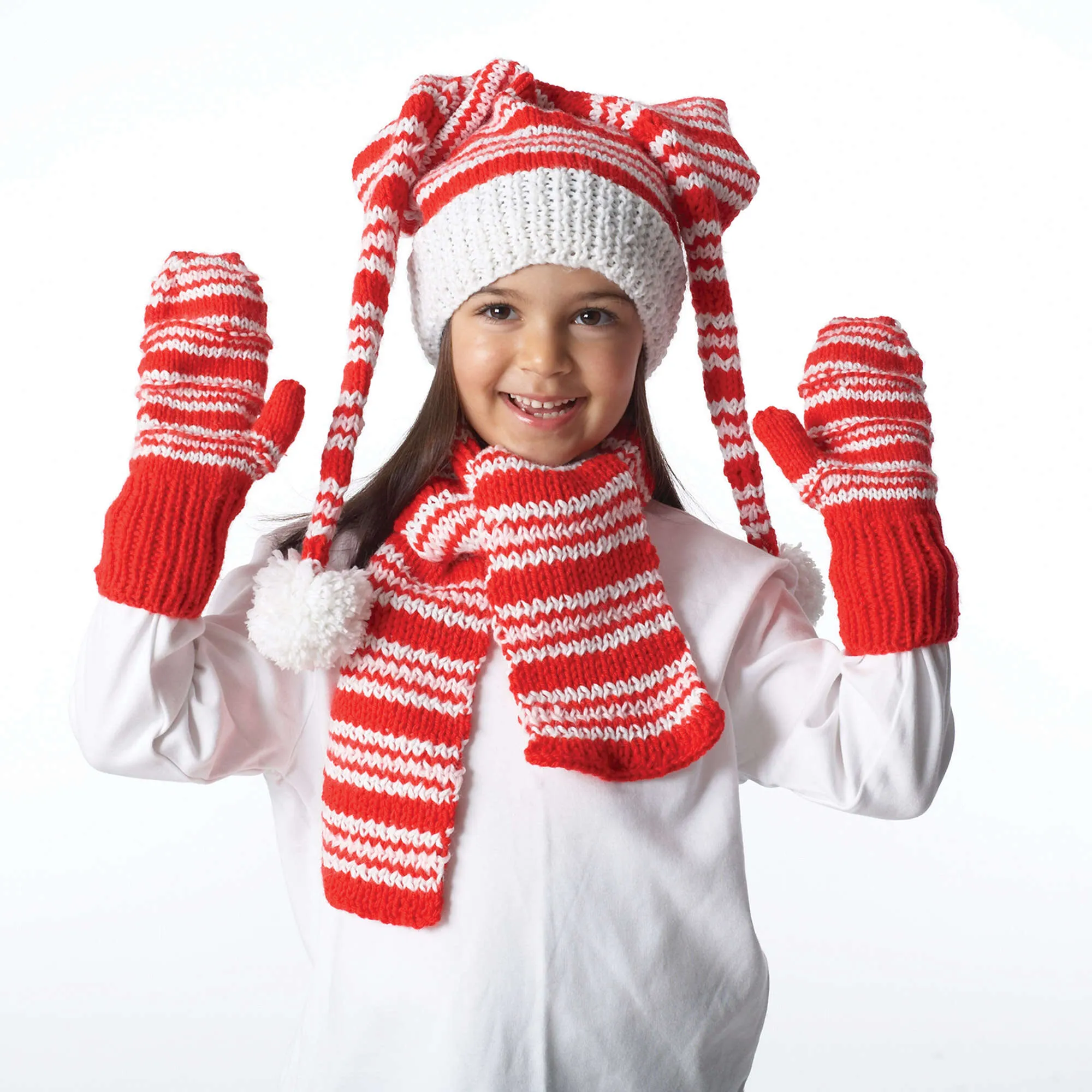 Bernat Knit Striped Hat, Mittens And Scarf