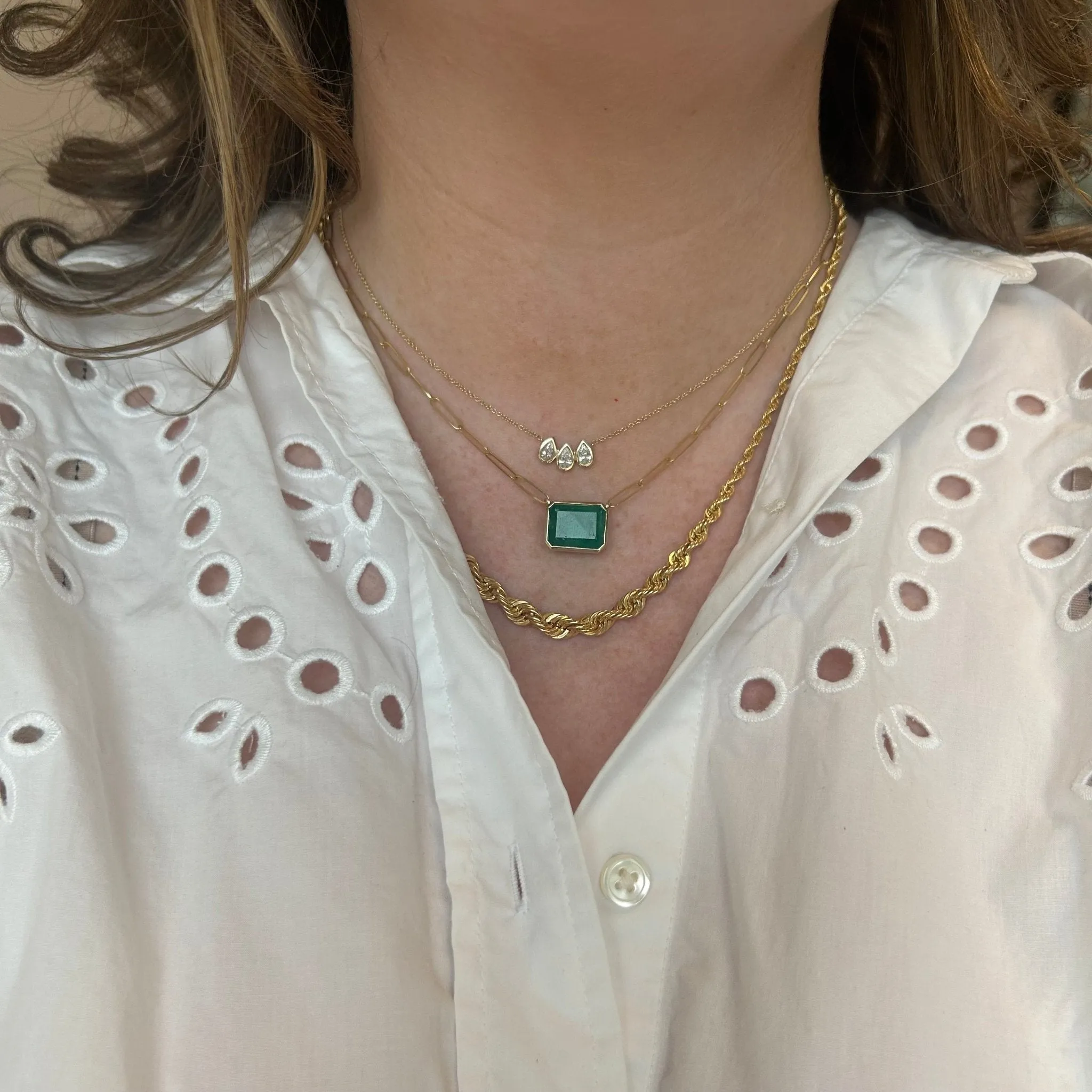 Bezel Set Emerald Paper Clip Necklace