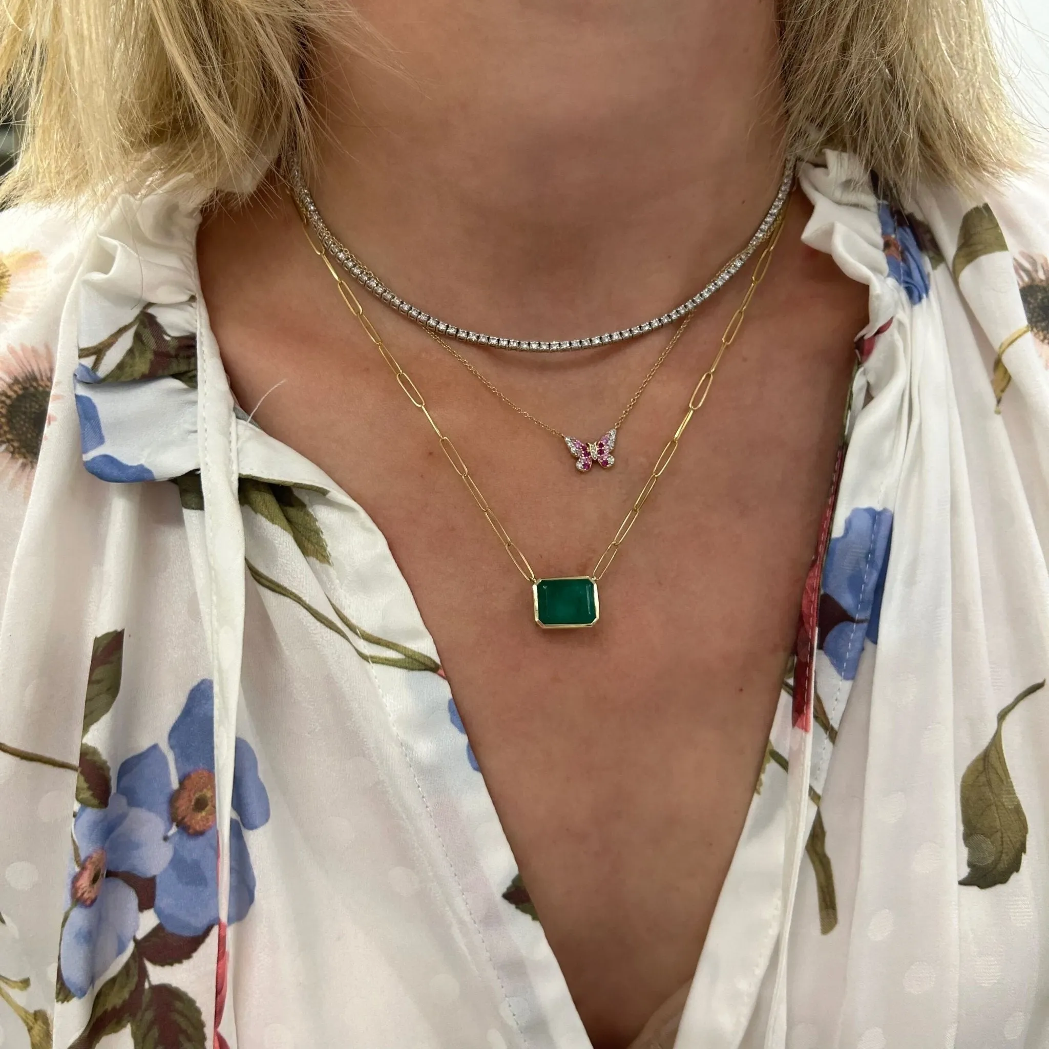 Bezel Set Emerald Paper Clip Necklace