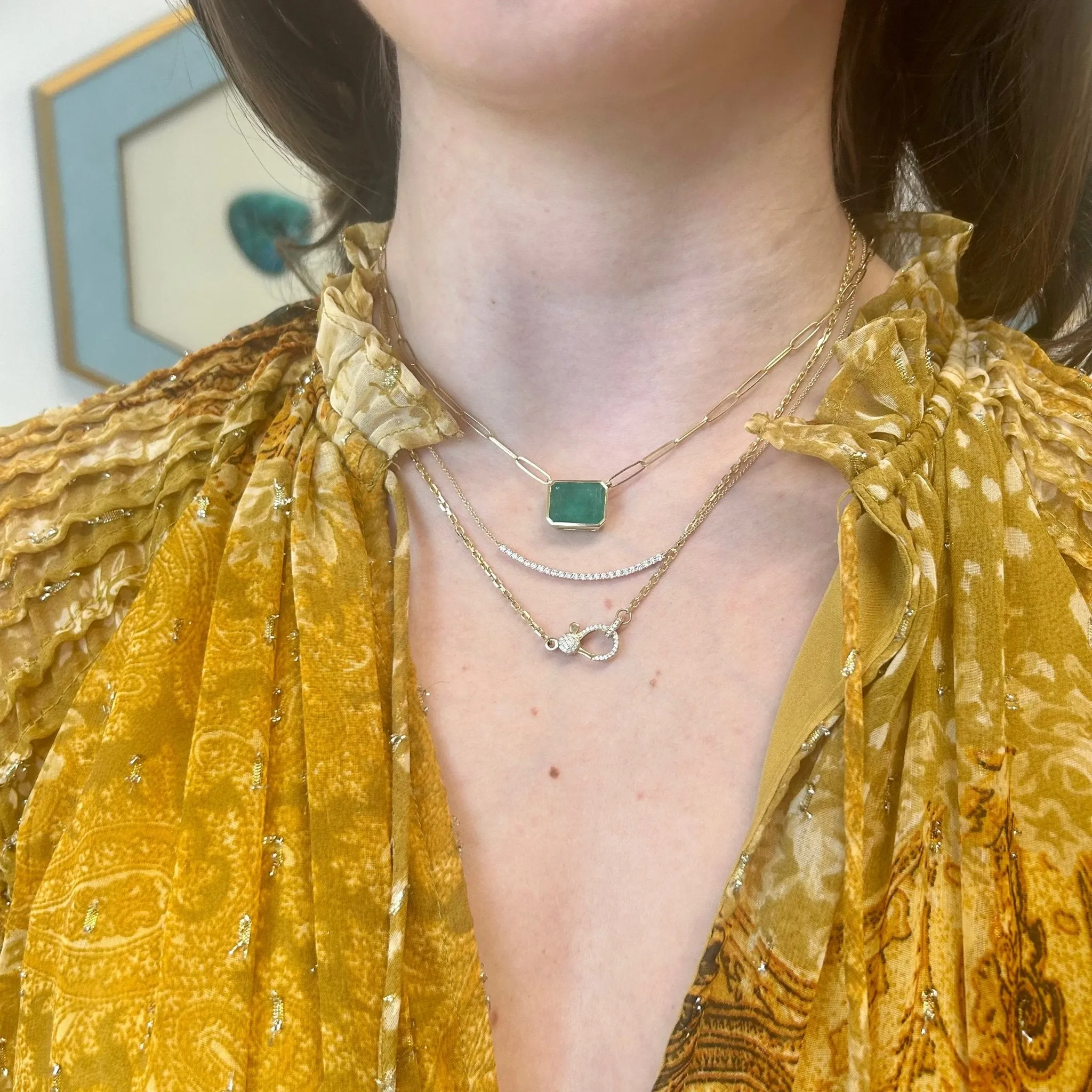 Bezel Set Emerald Paper Clip Necklace