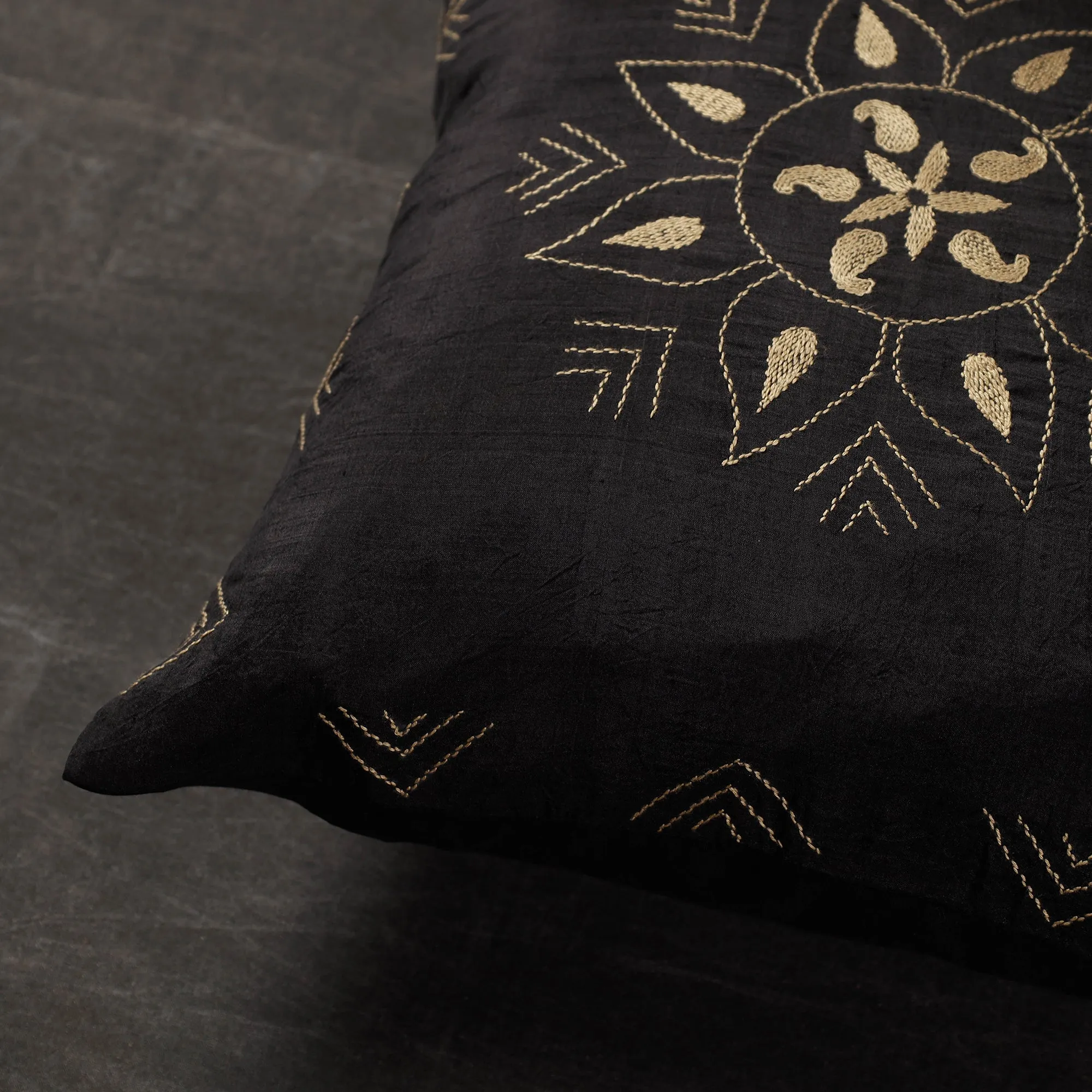 Black - Alpana - Kantha Embroidery Handloom Silk Cushion Cover (16 x 16 in)