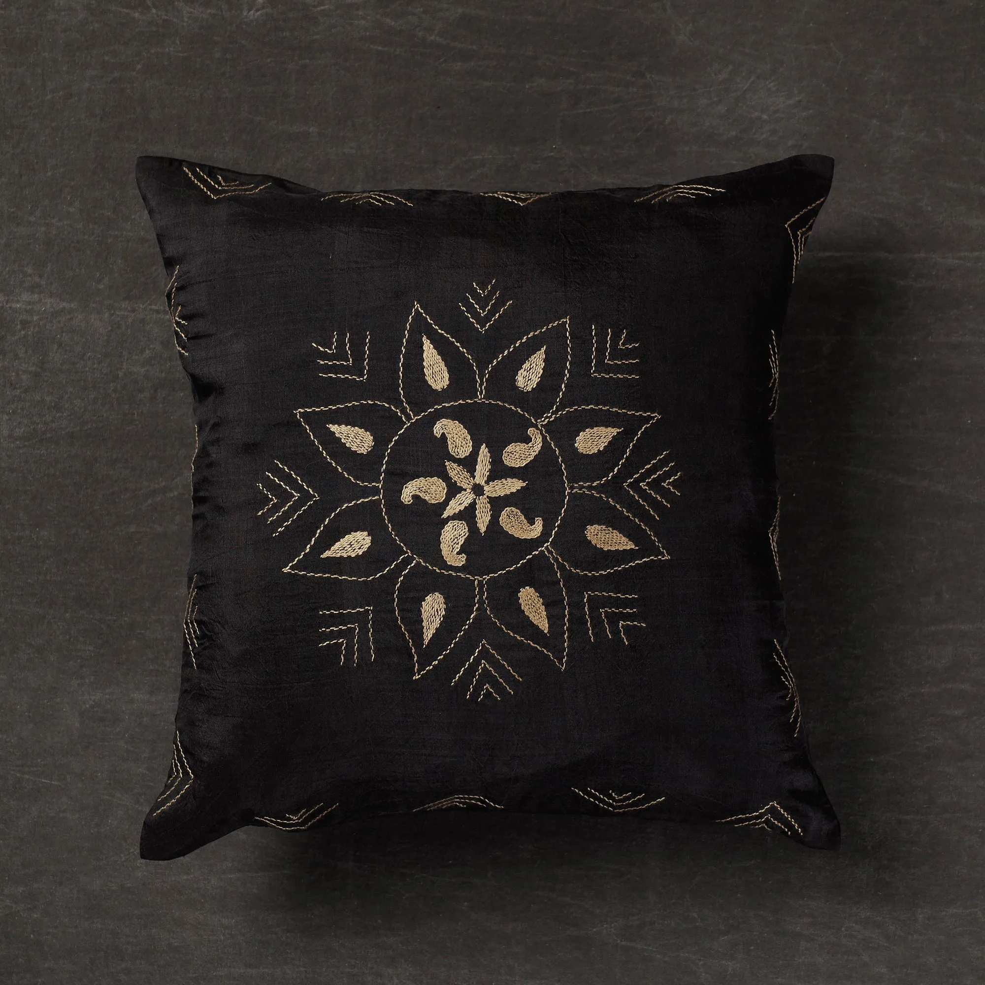 Black - Alpana - Kantha Embroidery Handloom Silk Cushion Cover (16 x 16 in)