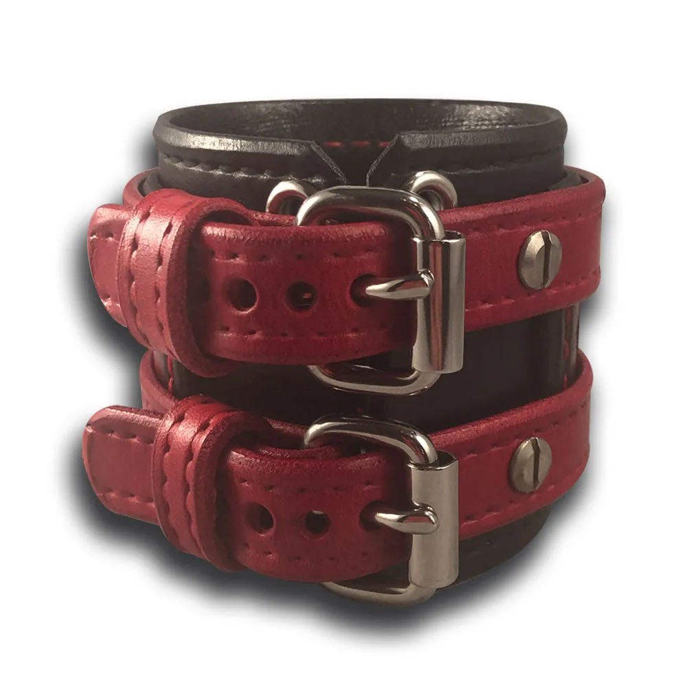 Black & Red Leather Double Strap Layered Wristband with Double Buckles