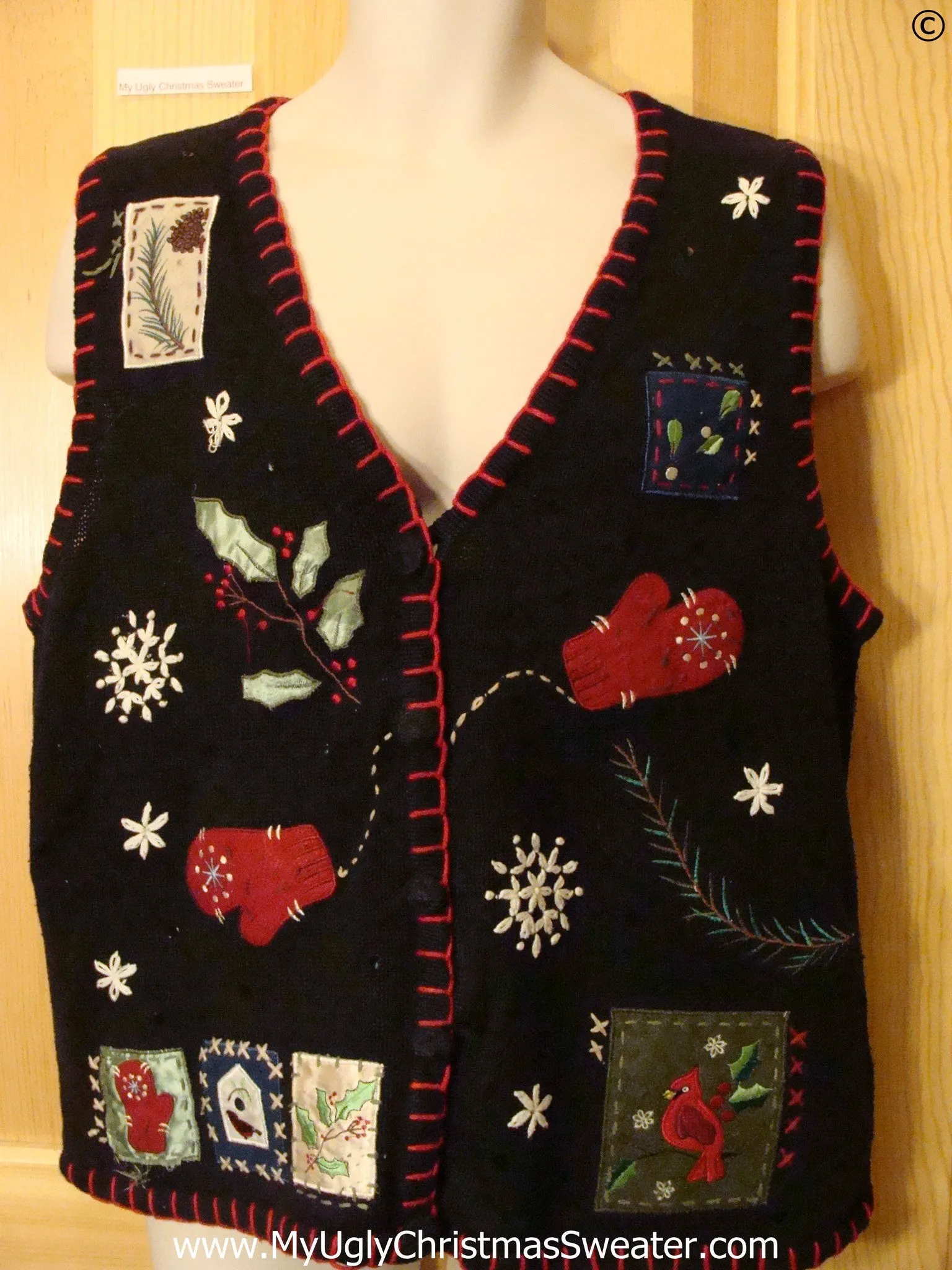 Black Cheap Christmas Sweater Vest with Red Cardinal