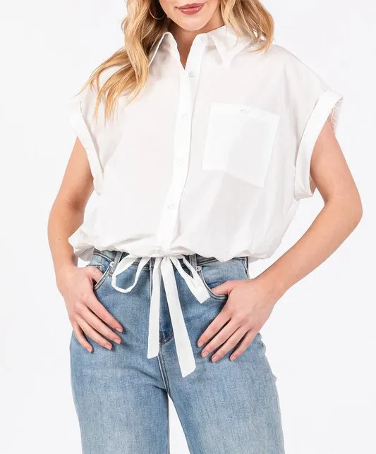 Blythe Button Down Cropped Drawstring Shirt in White