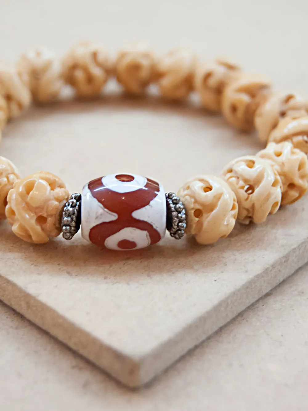 Bone with Red and White Dzi bead Mala bracelet