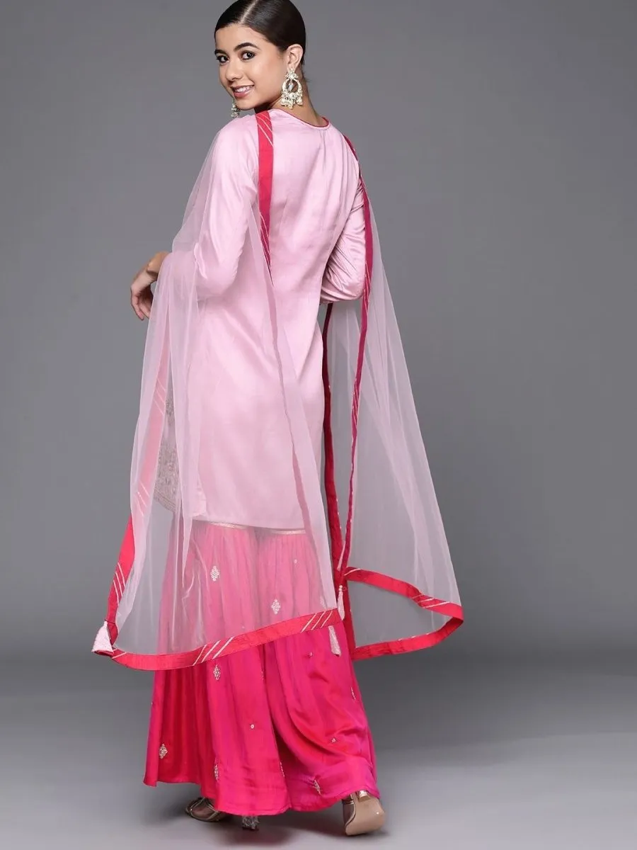 breathtaking pink silk blend embroidered kurta set