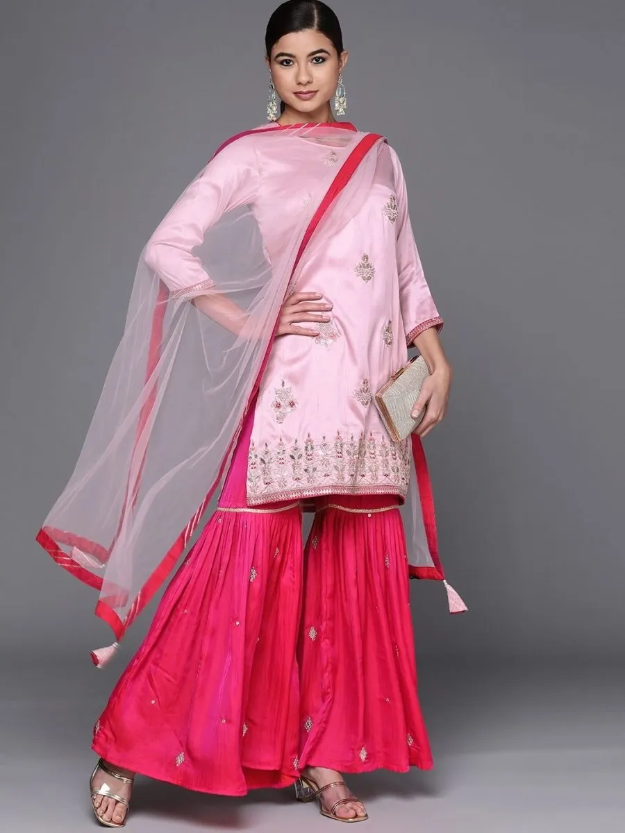 breathtaking pink silk blend embroidered kurta set