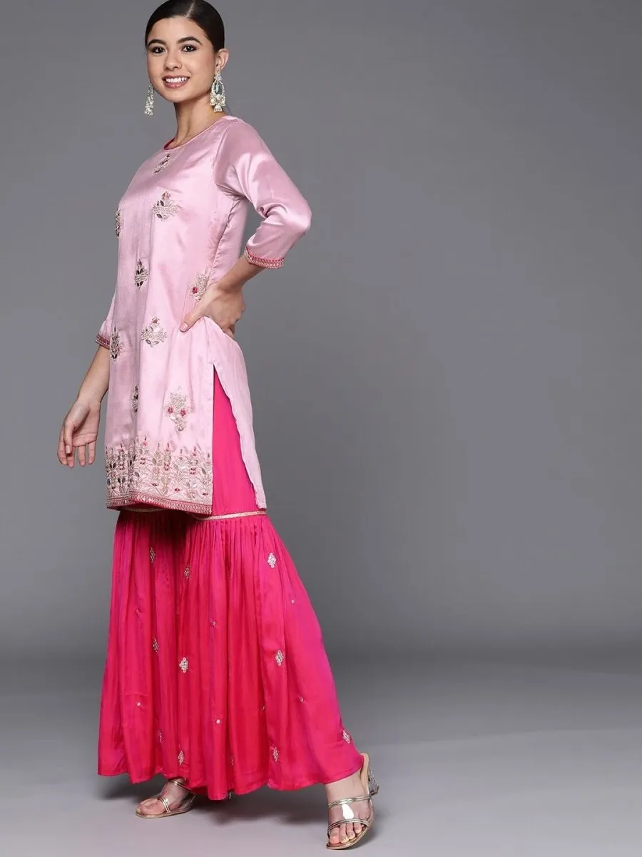 breathtaking pink silk blend embroidered kurta set