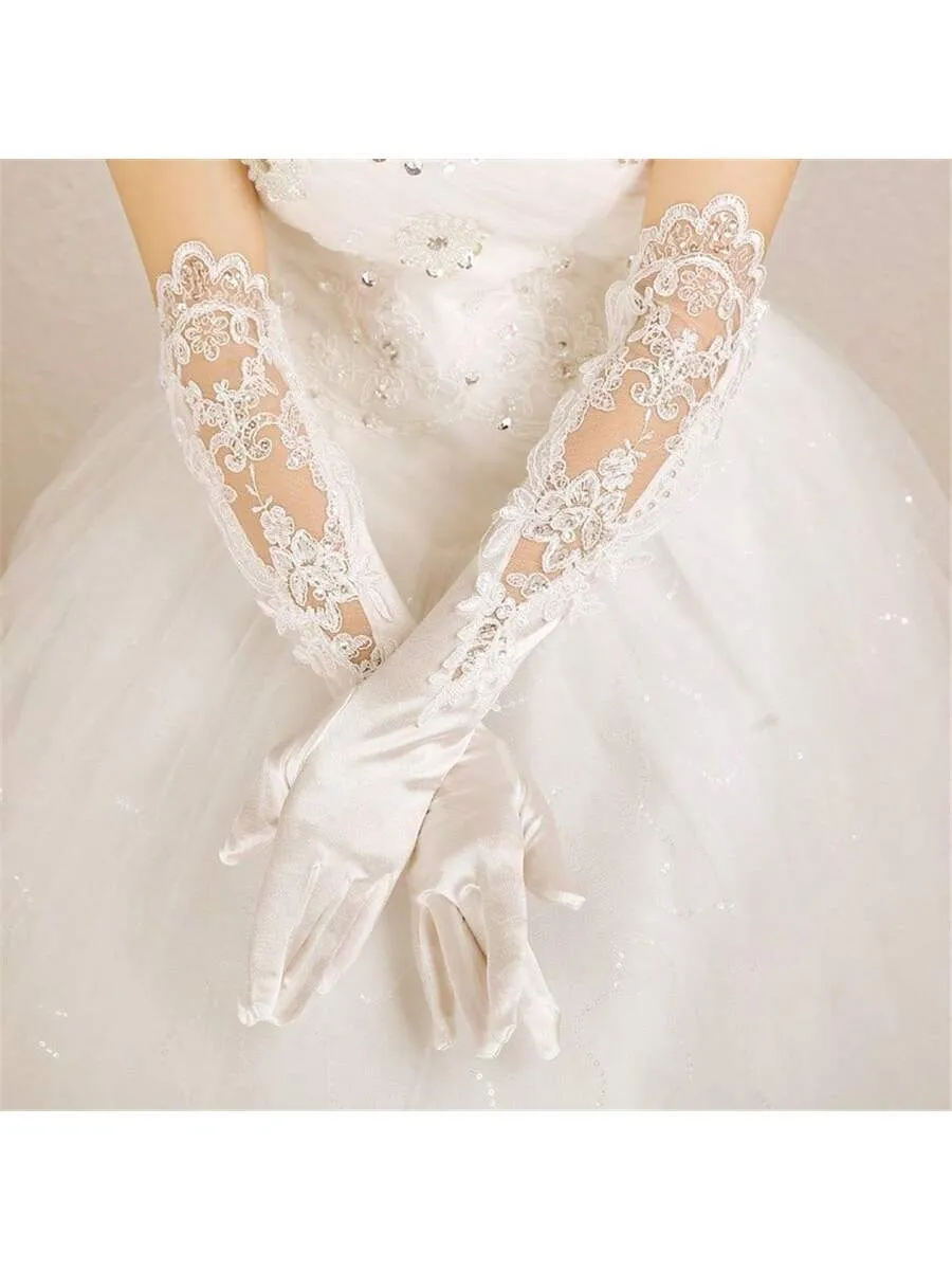 Bridal Wedding Gloves, Long Embroidered Lace, Sequin Detailing, Satin Finish, For Banquet, Opera, Stage Performance