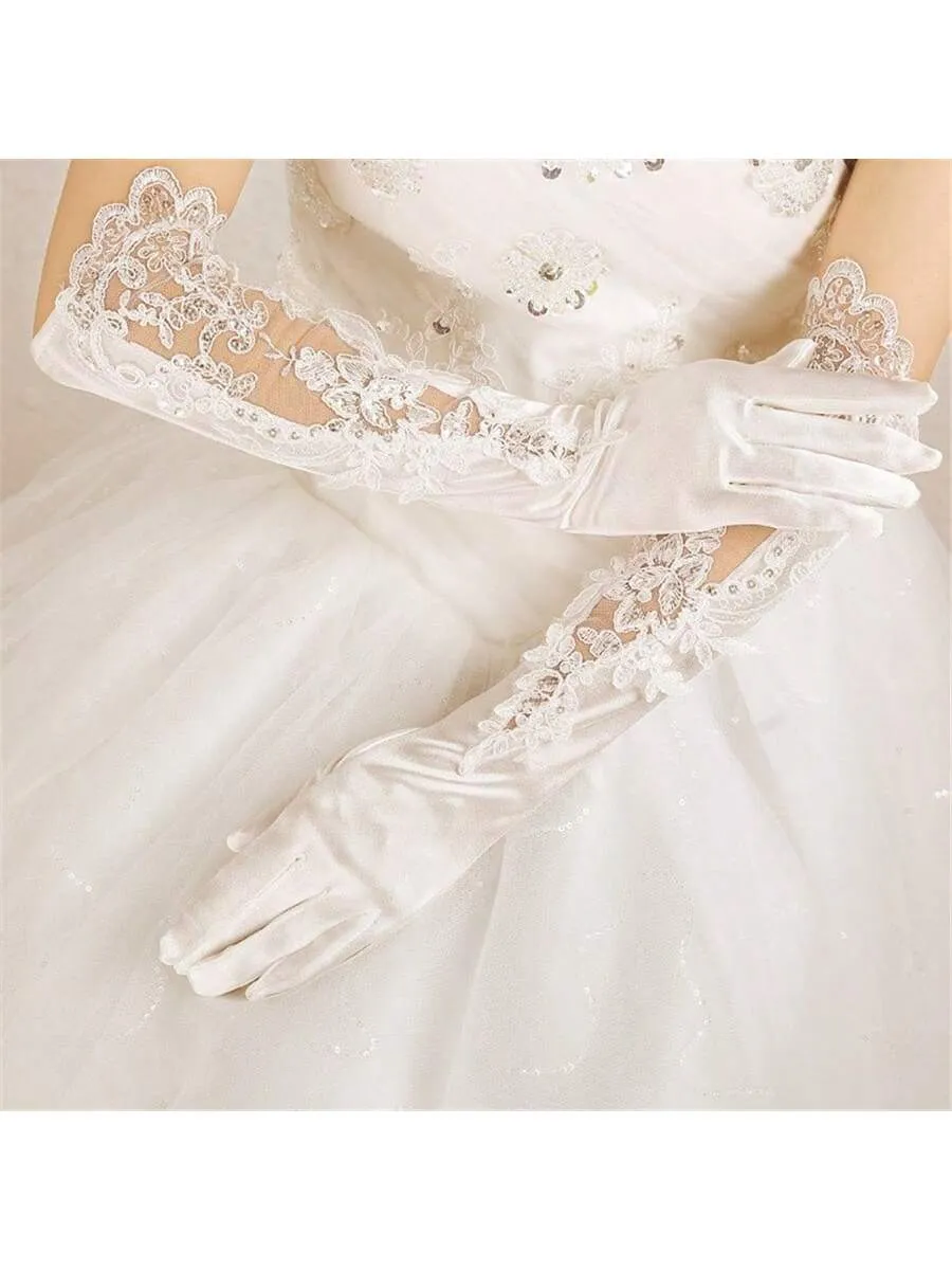 Bridal Wedding Gloves, Long Embroidered Lace, Sequin Detailing, Satin Finish, For Banquet, Opera, Stage Performance