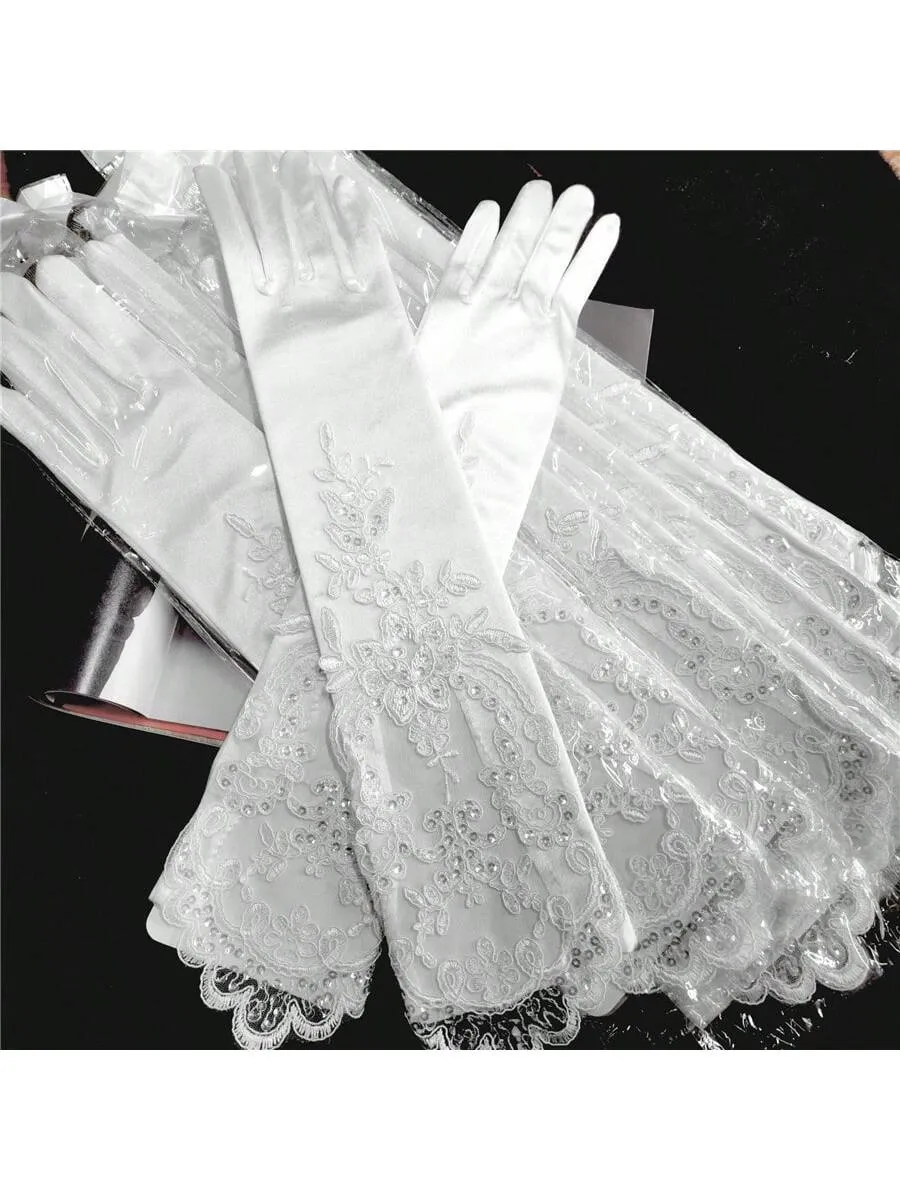 Bridal Wedding Gloves, Long Embroidered Lace, Sequin Detailing, Satin Finish, For Banquet, Opera, Stage Performance