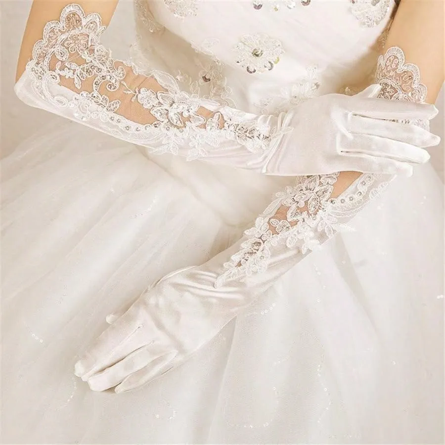 Bridal Wedding Gloves, Long Embroidered Lace, Sequin Detailing, Satin Finish, For Banquet, Opera, Stage Performance