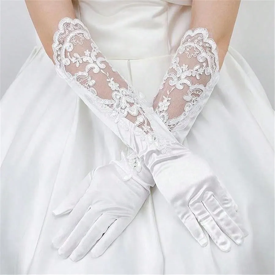 Bridal Wedding Gloves, Long Embroidered Lace, Sequin Detailing, Satin Finish, For Banquet, Opera, Stage Performance