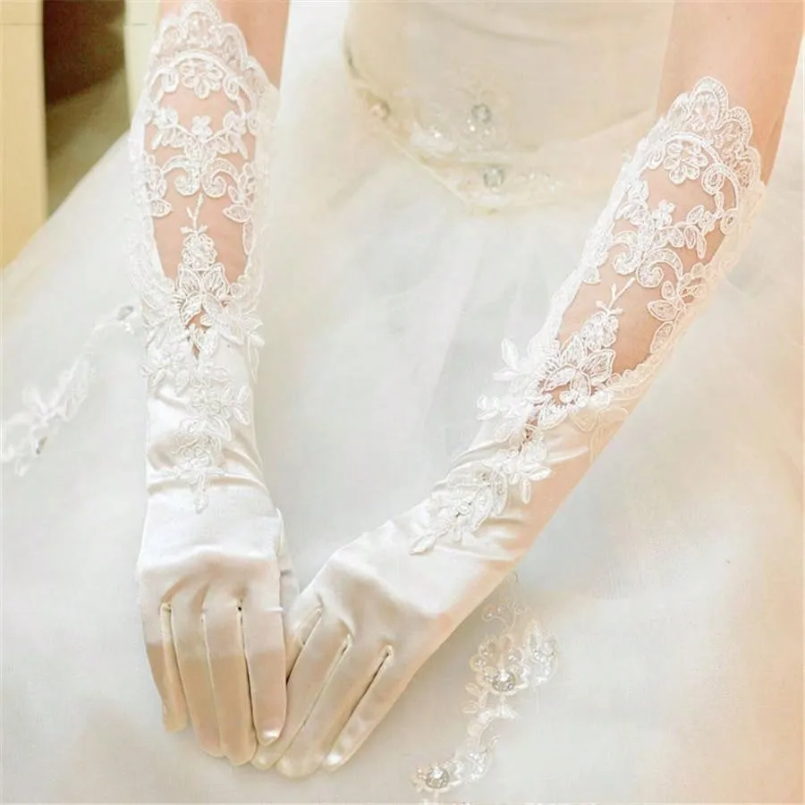 Bridal Wedding Gloves, Long Embroidered Lace, Sequin Detailing, Satin Finish, For Banquet, Opera, Stage Performance