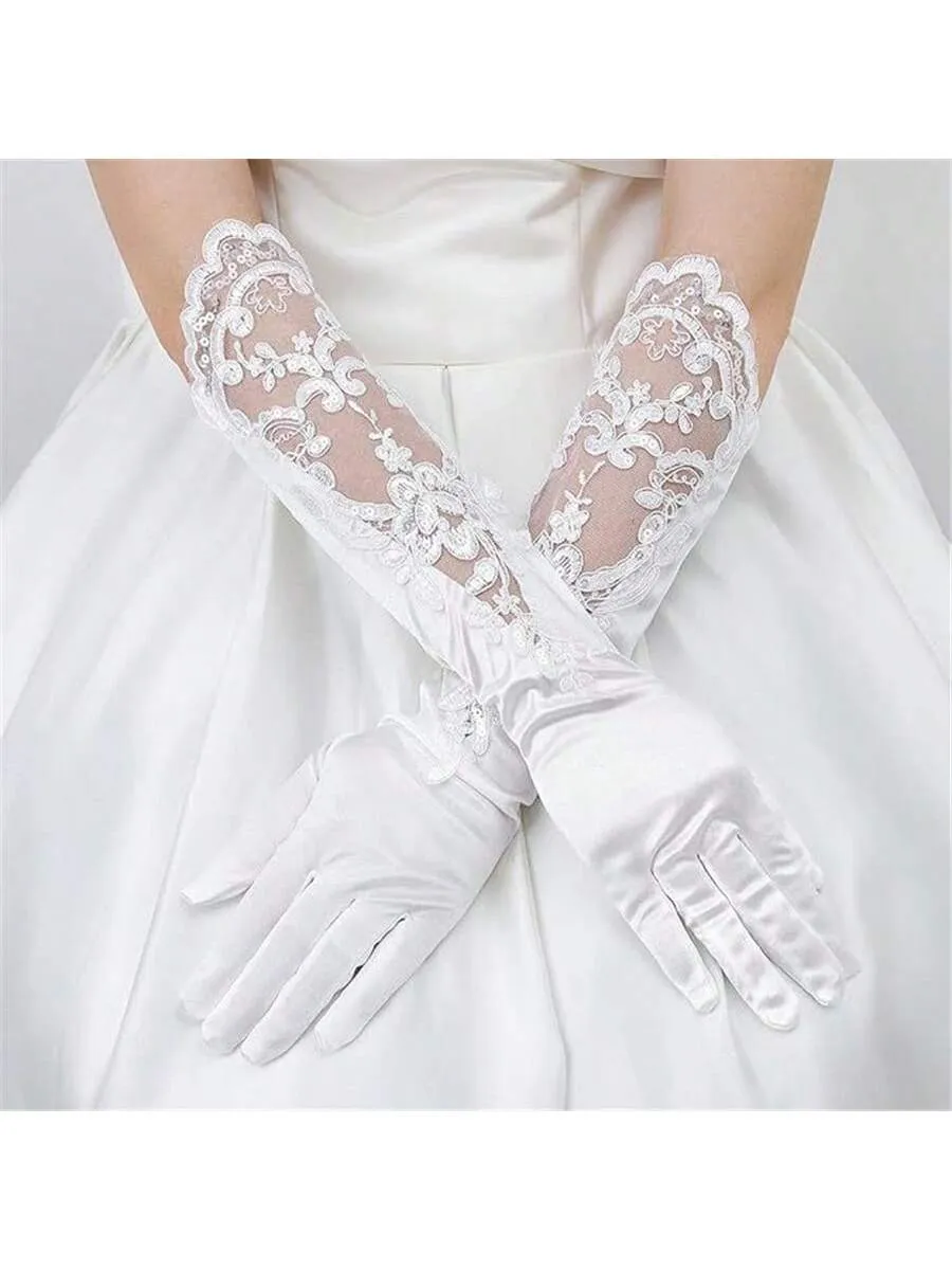 Bridal Wedding Gloves, Long Embroidered Lace, Sequin Detailing, Satin Finish, For Banquet, Opera, Stage Performance