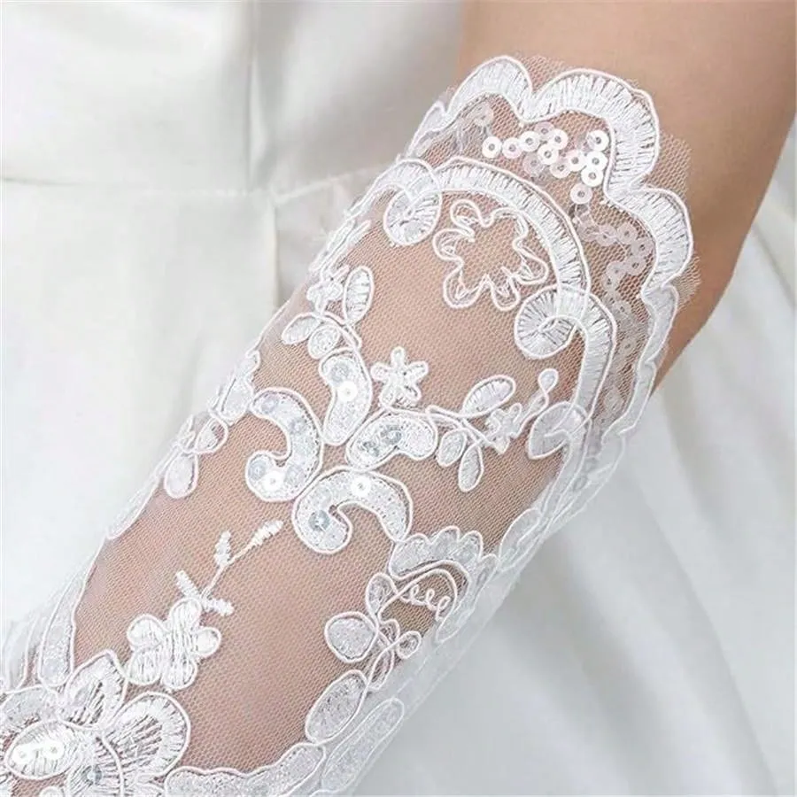 Bridal Wedding Gloves, Long Embroidered Lace, Sequin Detailing, Satin Finish, For Banquet, Opera, Stage Performance