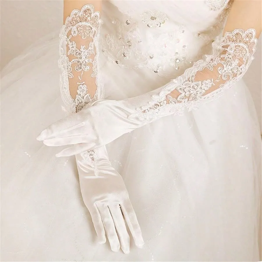 Bridal Wedding Gloves, Long Embroidered Lace, Sequin Detailing, Satin Finish, For Banquet, Opera, Stage Performance