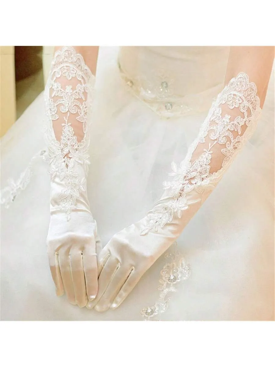 Bridal Wedding Gloves, Long Embroidered Lace, Sequin Detailing, Satin Finish, For Banquet, Opera, Stage Performance