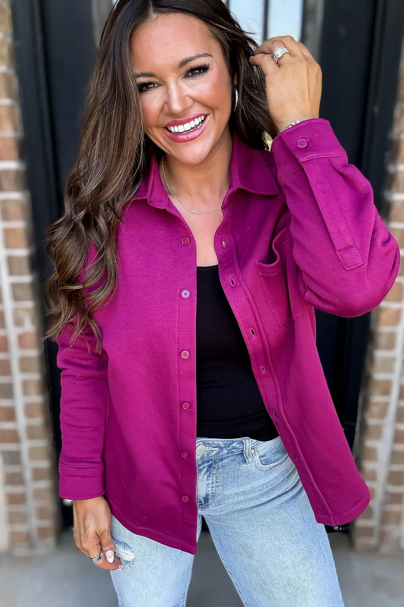 Button Up Magenta Fleece Shirt Jacket