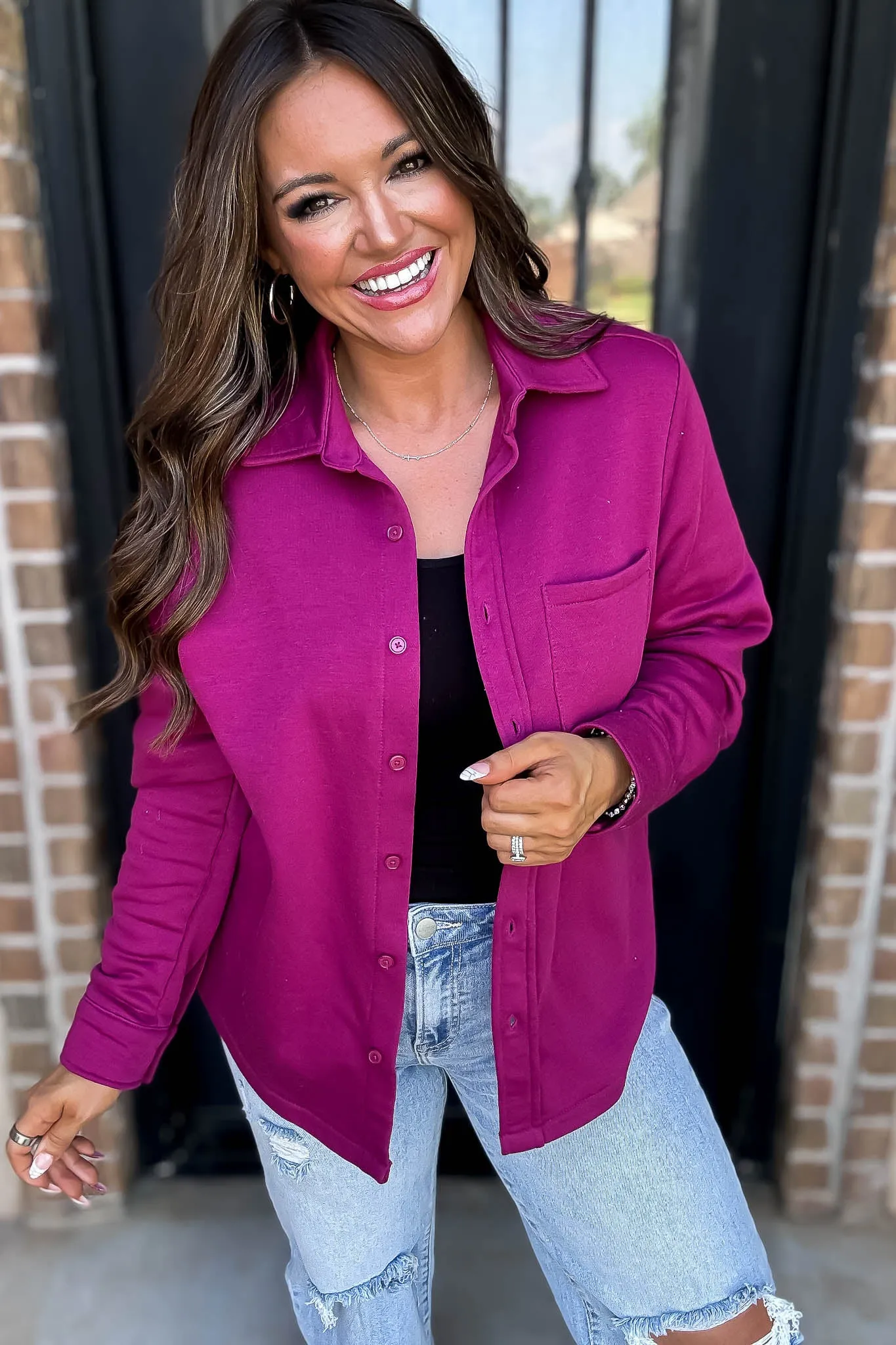 Button Up Magenta Fleece Shirt Jacket