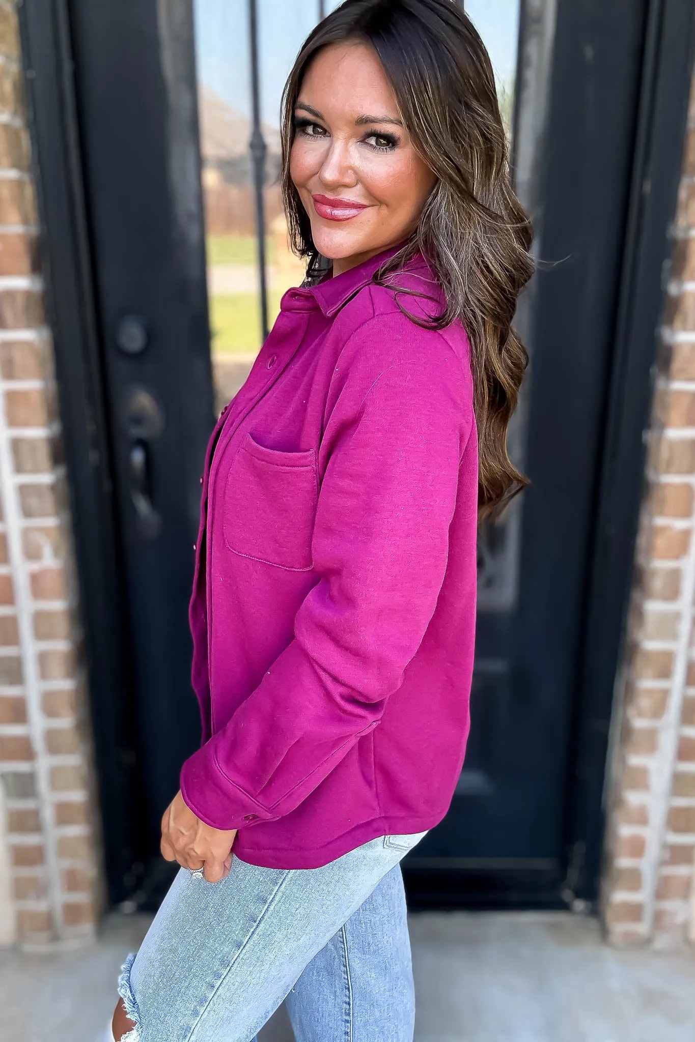 Button Up Magenta Fleece Shirt Jacket