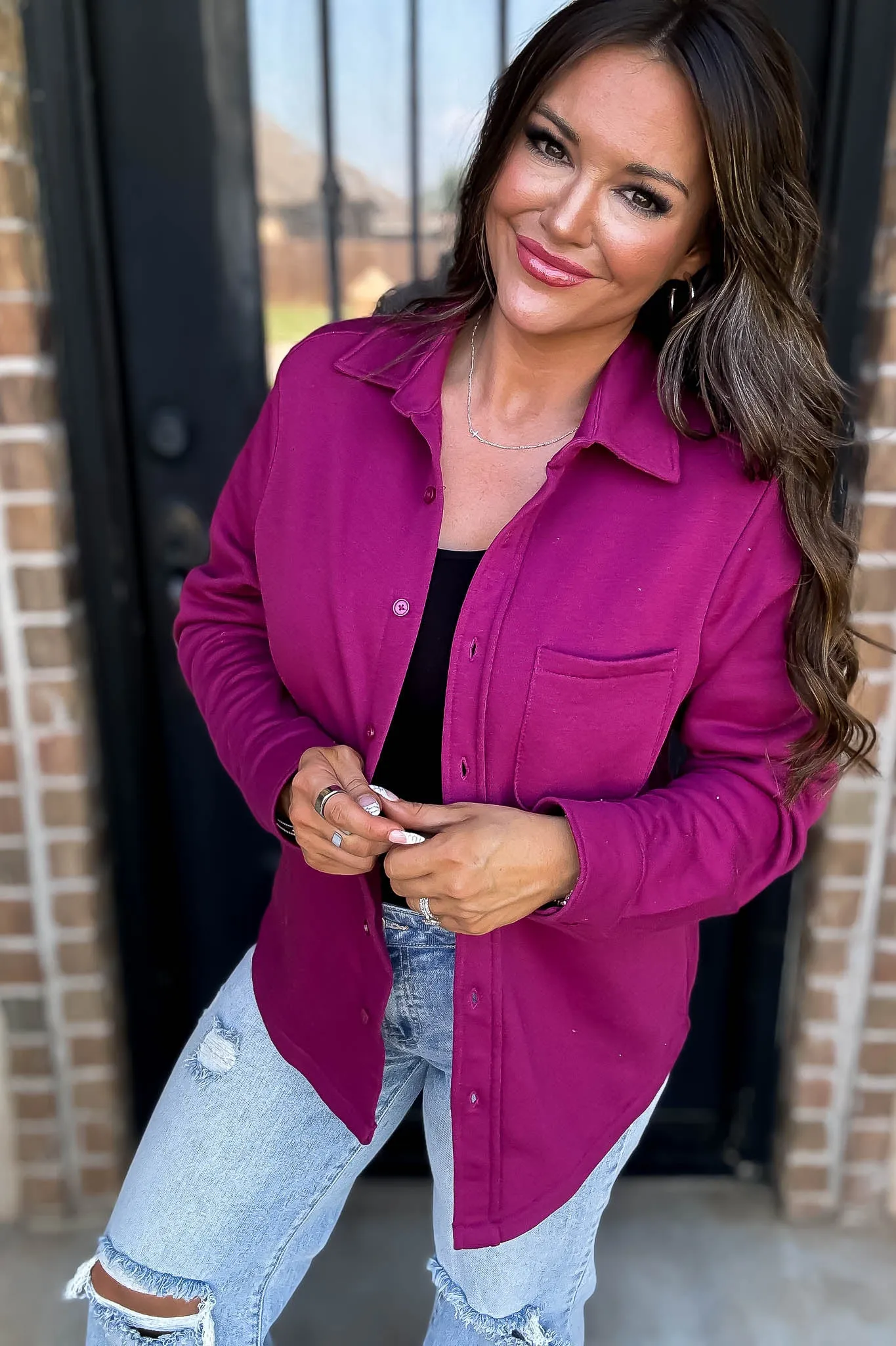 Button Up Magenta Fleece Shirt Jacket