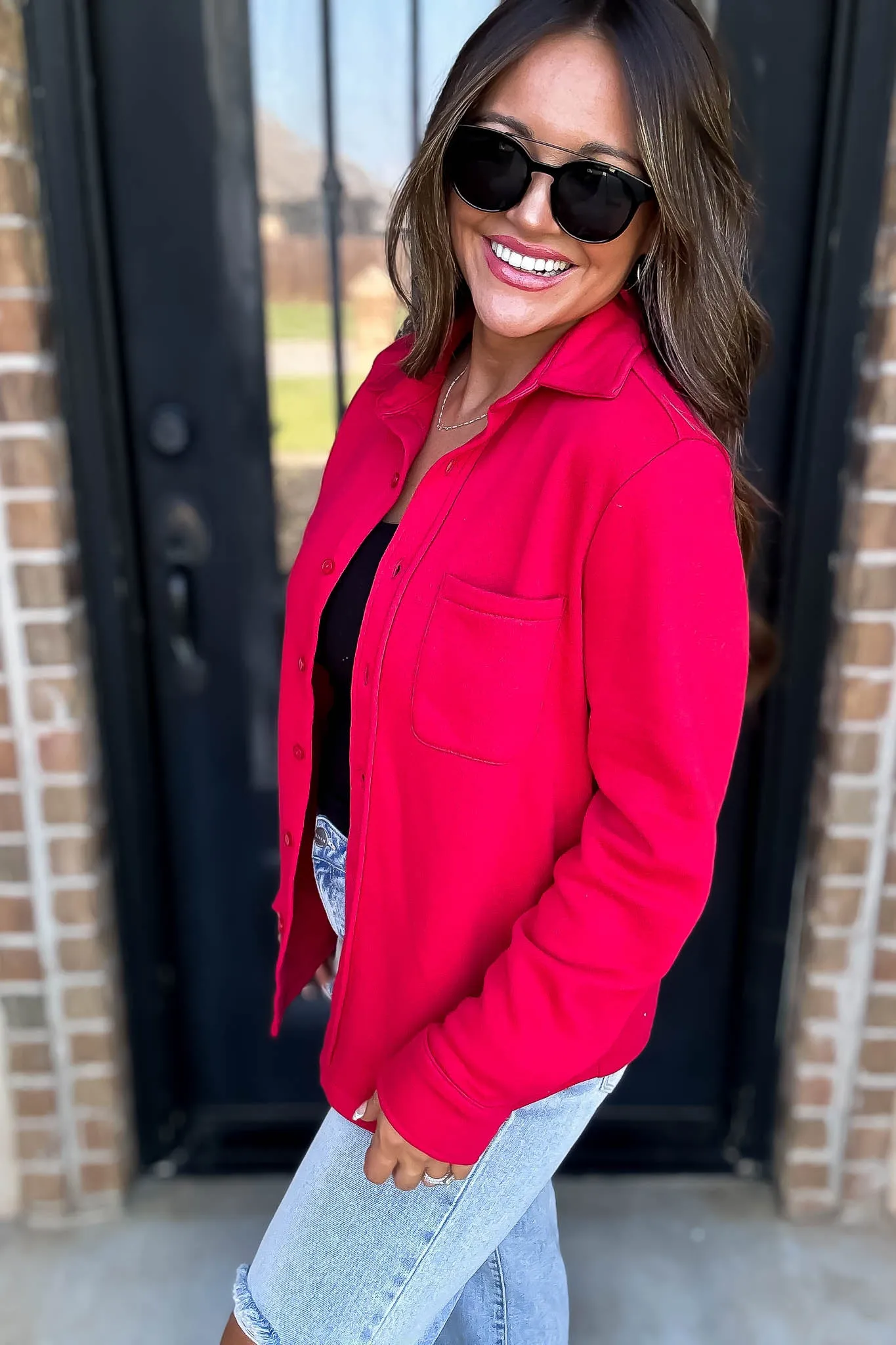 Button Up Red Fleece Shirt Jacket