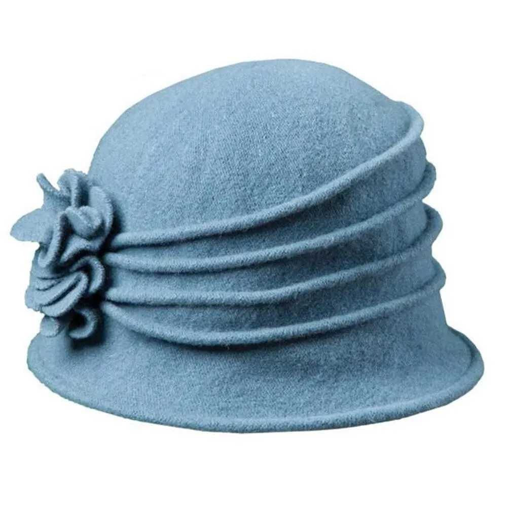 Charlotte - Scala LW497 Taupe Knit Wool Cloche Hat w/ Side Flower