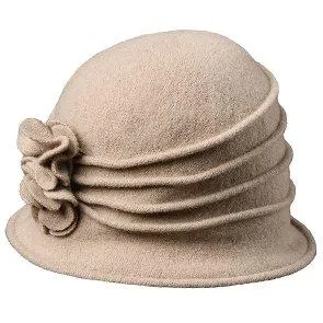 Charlotte - Scala LW497 Taupe Knit Wool Cloche Hat w/ Side Flower