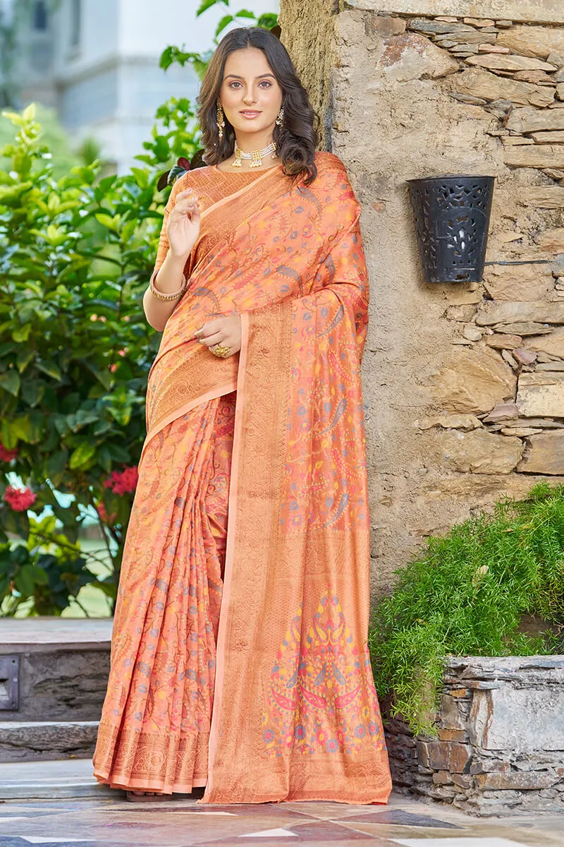 Classic Orange Pashmina saree With Engaging Blouse Piece