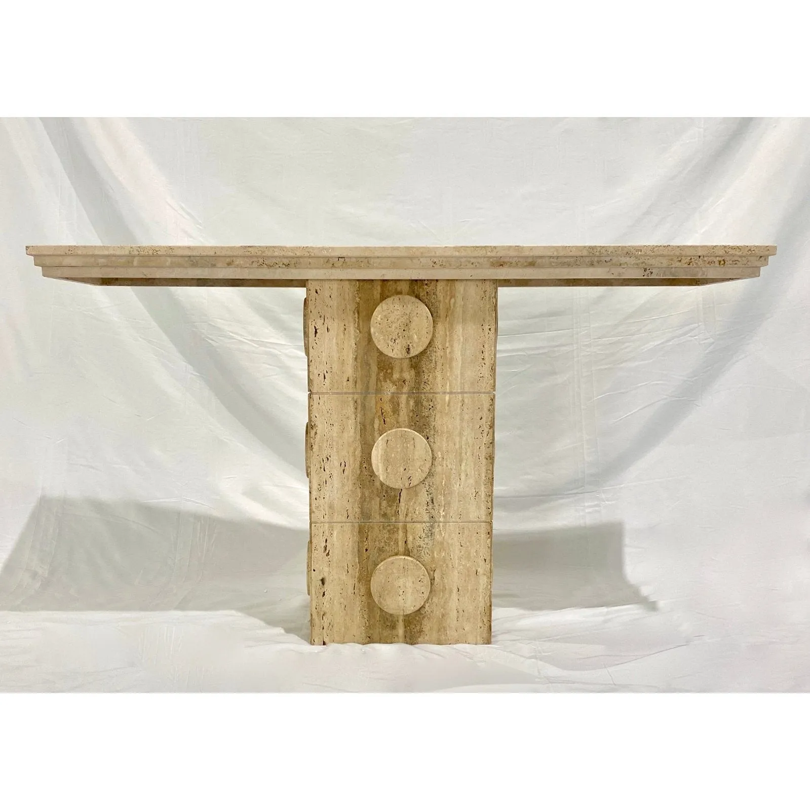 Contemporary Italian Minimalist Organic White Beige Travertine Marble Console