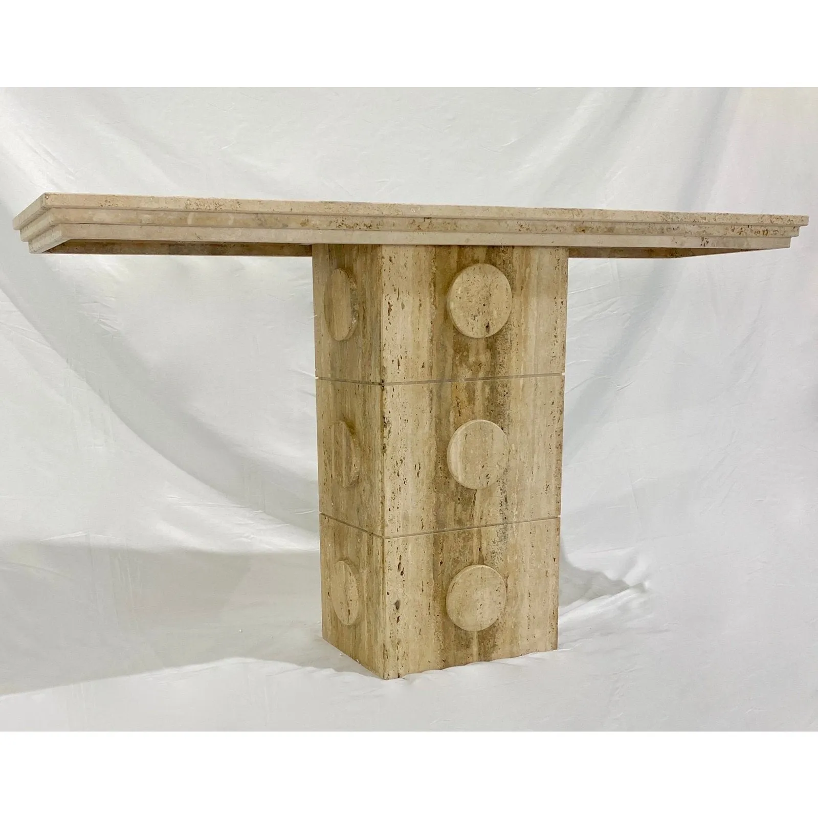 Contemporary Italian Minimalist Organic White Beige Travertine Marble Console